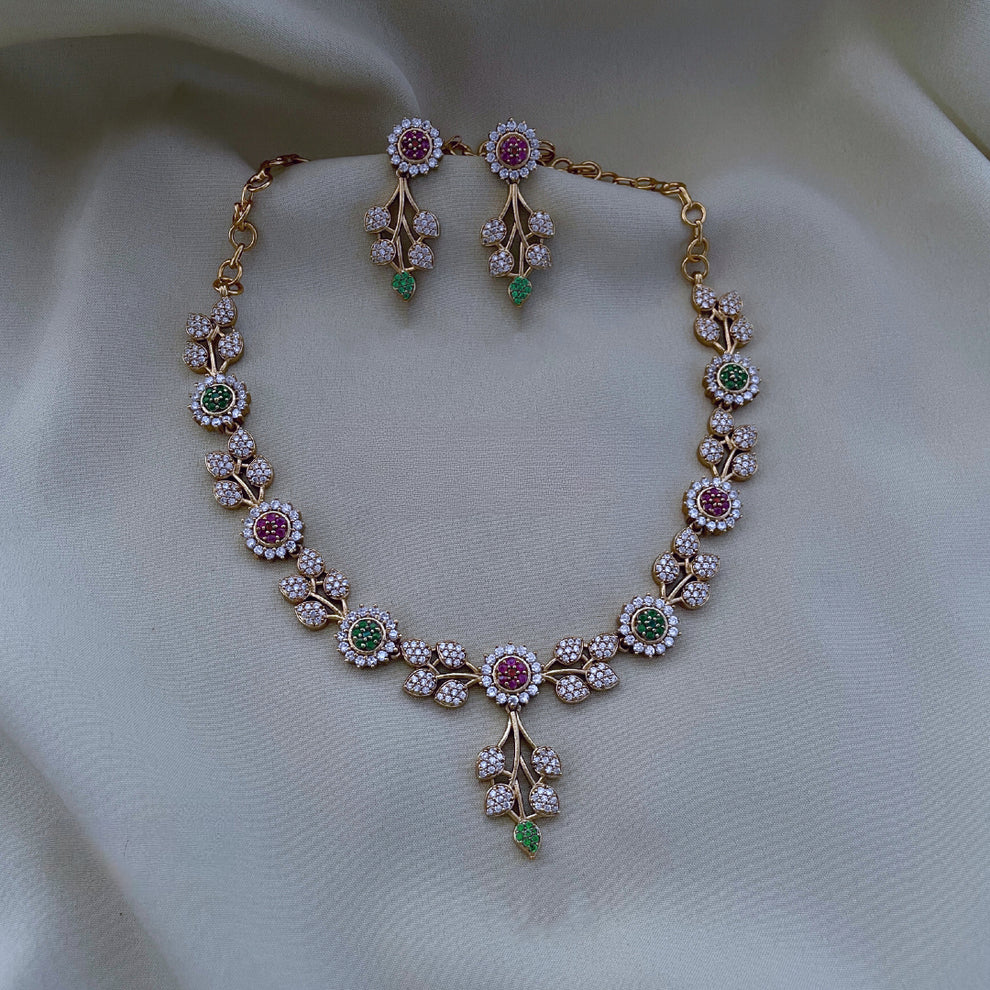 EXQUISITE GOLD-PLATED FLORAL NECKLACE SET WITH ZIRCON & COLORFUL STONES - BELLIZA JEWELS