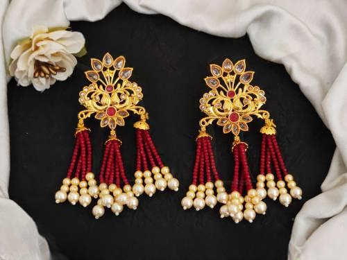 High Gold Polish Ruby Antique Jewellery North Style Clustered Pearl Antique Earrings