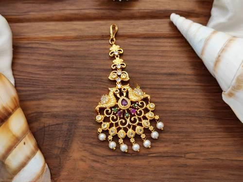 Antique Design High Gold Polish Fancy Style Ruby Green Moti Maang Tikka
