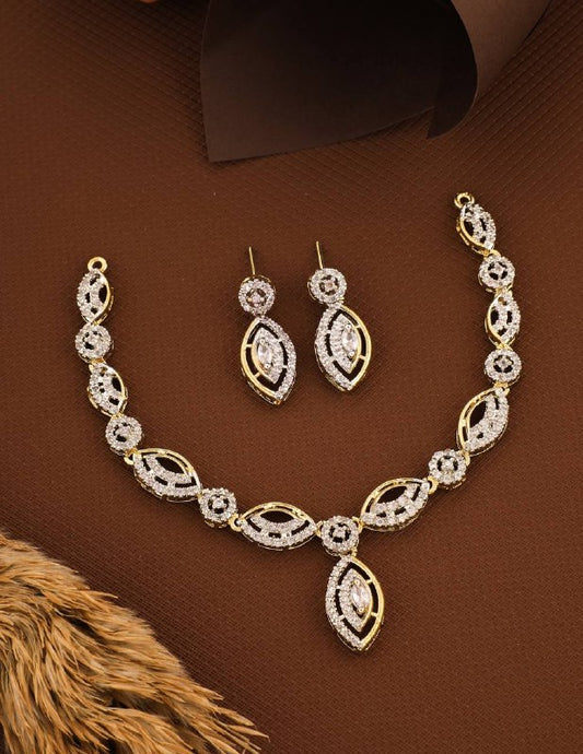 Gold and Diamond-Style Leaf Motif Necklace Set with Earrings