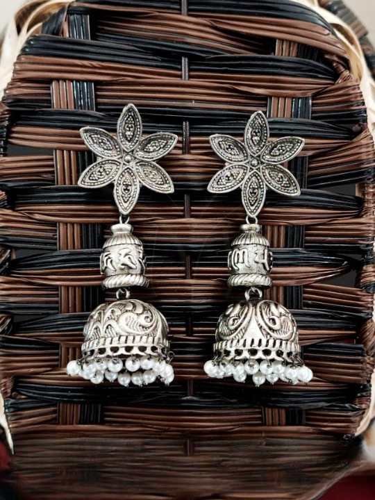 Oxidized Silver Polish Beautiful Flower Design Fashion Jhumka Earrings