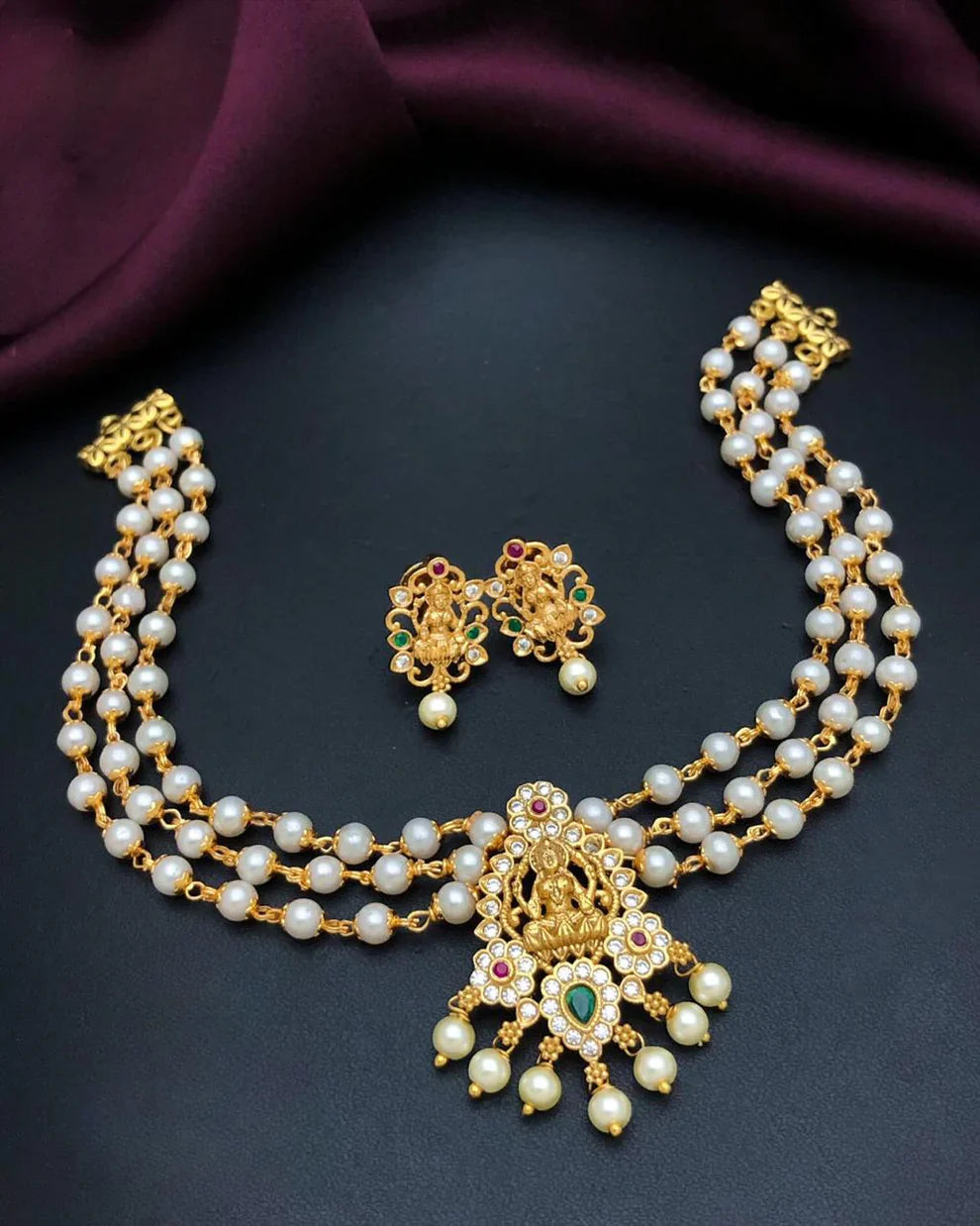 TRIPLE STRAND PEARL NECKLACE SET | GOLD FINISH GODDESS LAKSHMI PENDANT | PEARL CHOKER SET