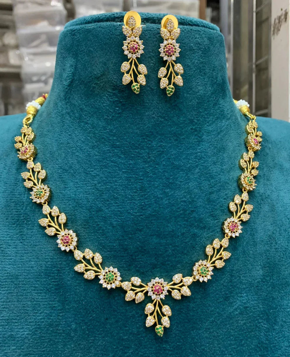 EXQUISITE GOLD-PLATED FLORAL NECKLACE SET WITH ZIRCON & COLORFUL STONES - BELLIZA JEWELS