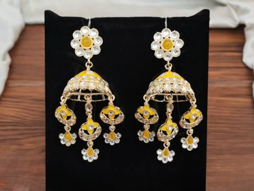High Gold Polish Meenakari Design Fancy Style Yellow Antique Earrings