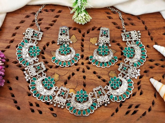 Oxidixed Silver Necklace Set with Chand and Flower Designs