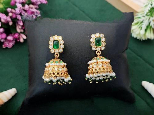 Antique Design High Gold Polish Fancy Green Jhumka Earrings