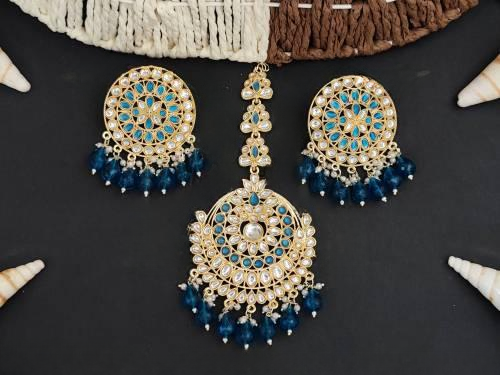Antique Jewellery Designer Blue High Gold Polish Party Wear Maang Tikka