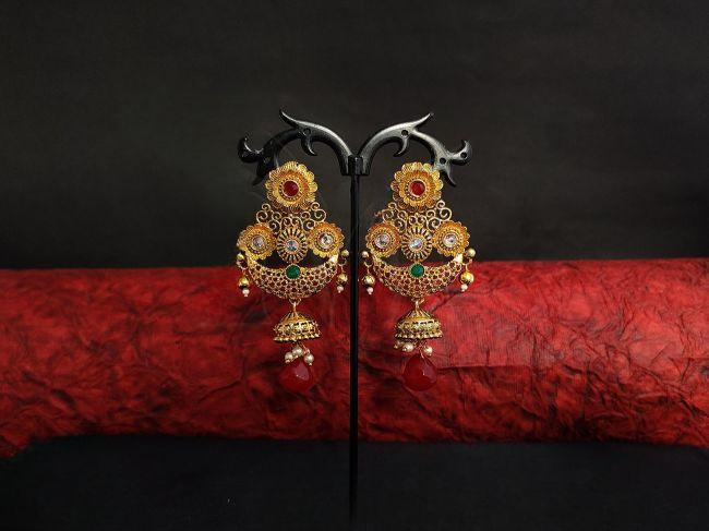 Designer Chand Shape Ruby Green Jhumki Earrings