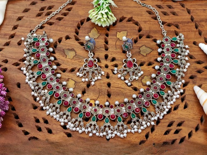 Oxidixed SIlver with colourful stones ANtique Necklace Set