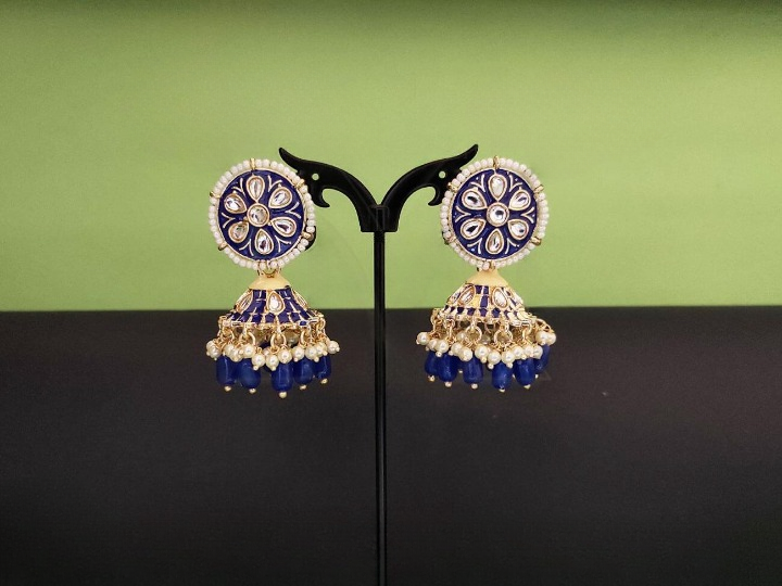 Meena Colouring Paan Blue Stone Antique Jhumka Earring