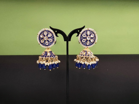 Meena Colouring Paan Blue Stone Antique Jhumka Earring