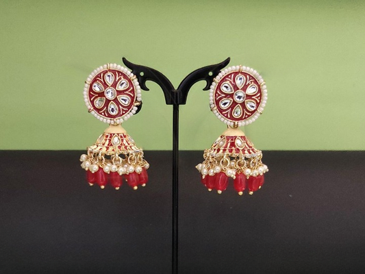 Meena Colouring Paan Red Stone Antique Jhumka Earring