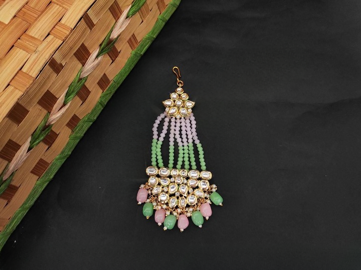 Designer mint green pink Kundan Jewellery Fancy Design Party wear Beautiful Hair Accessories Pasa