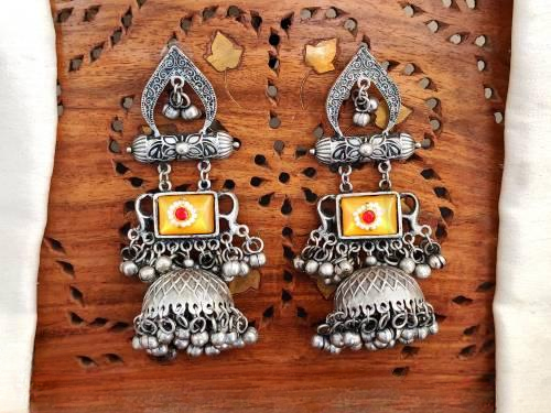 Designer Full Stone German Silver Jhumka Yellow Earrings