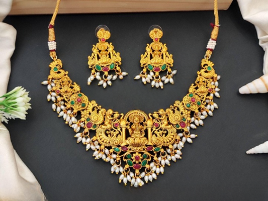 Lakshmi Temple Jewelry Set in Matte Gold Finish