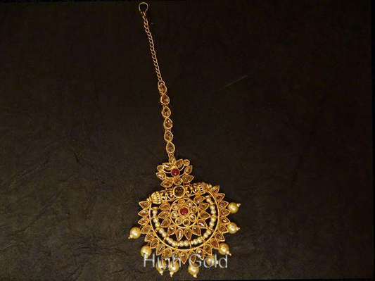 Half Chand Shape Polki Ruby Maang Tikka