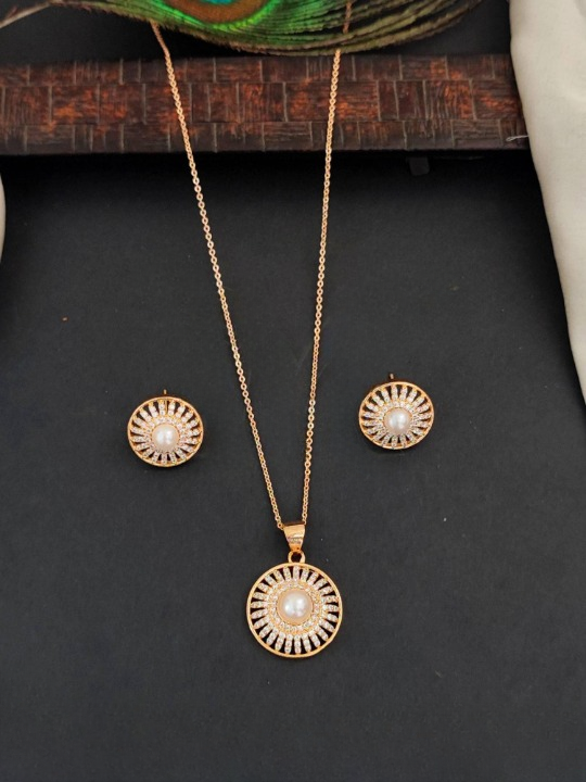 Beautiful Rose Rodium Polish Fancy Style Full AD Stone Pendant Set