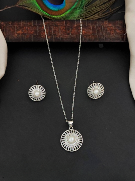 Designer Fancy Full Stone AD CZ White Rodium Polish Pendant Set