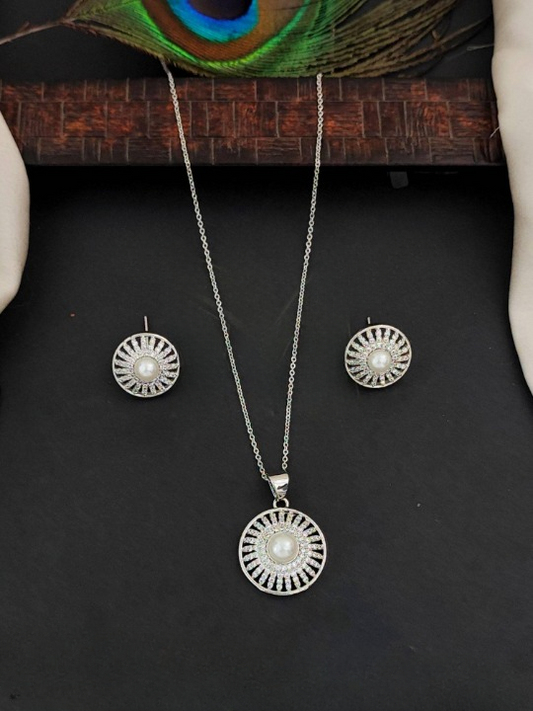 Designer Fancy Full Stone AD CZ White Rodium Polish Pendant Set