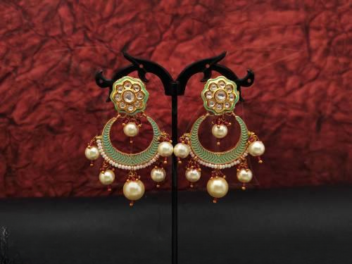 Beautiful High Gold Polish Clustered Pearl Meenakari Chand Bali Shape Mint Green Ruby Party wear Earring / Studs