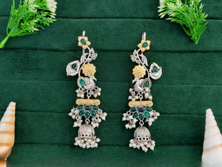 Long Fusion Oxidized Earrings with Floral and Peacock Motifs Green Multicolor Stones and Pearl Jhumka Drops