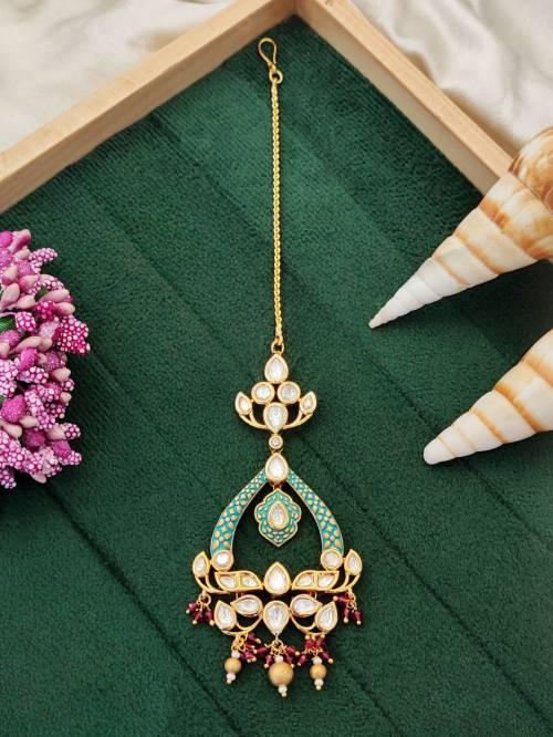 Kundan Full Stone High Gold Polish Party Wear feroze ruby  Maang Tikka