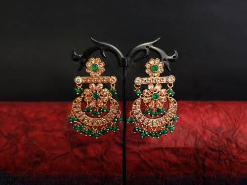 Designer Style Flower Polki Green Earrings