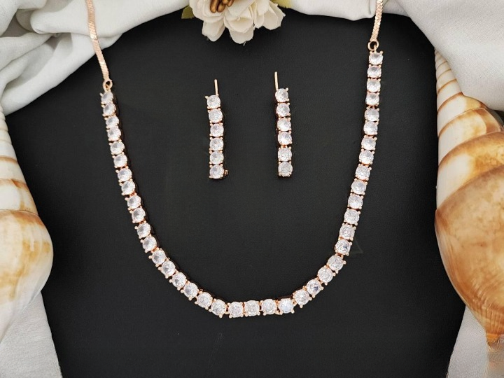 Beautiful Rose Rodium Polish AD CZ Full Stone Party Wear Necklace Set