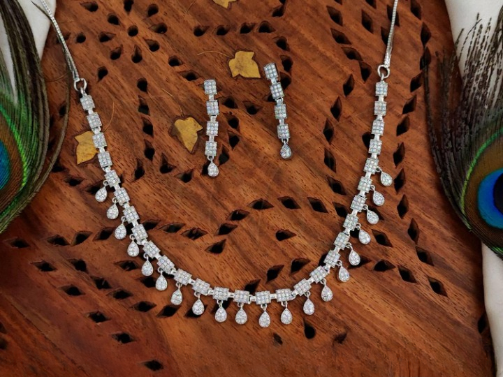 Designer Full AD Stone White Rodium Polish Party wear Necklace Set