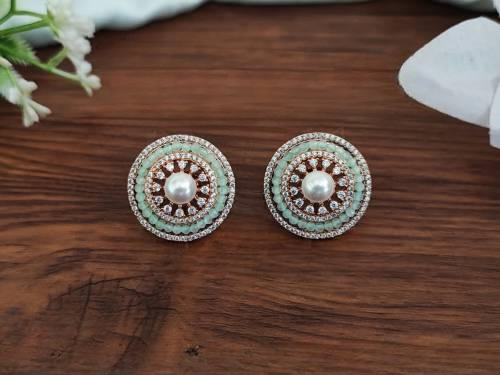 Cz Ad Jewelry Rose Rodium Polish Party Wear Mint Green Fancy Design Cz Ad Stud Earrings