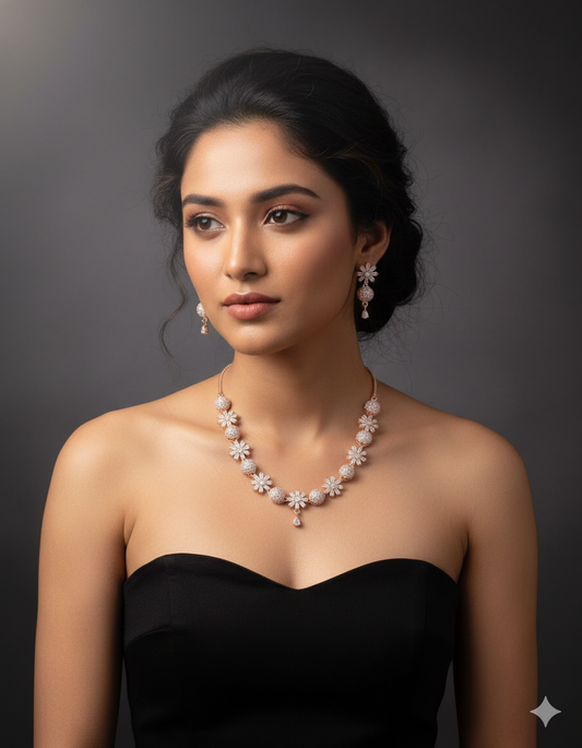 Rose Gold Floral Sparkle Necklace Set