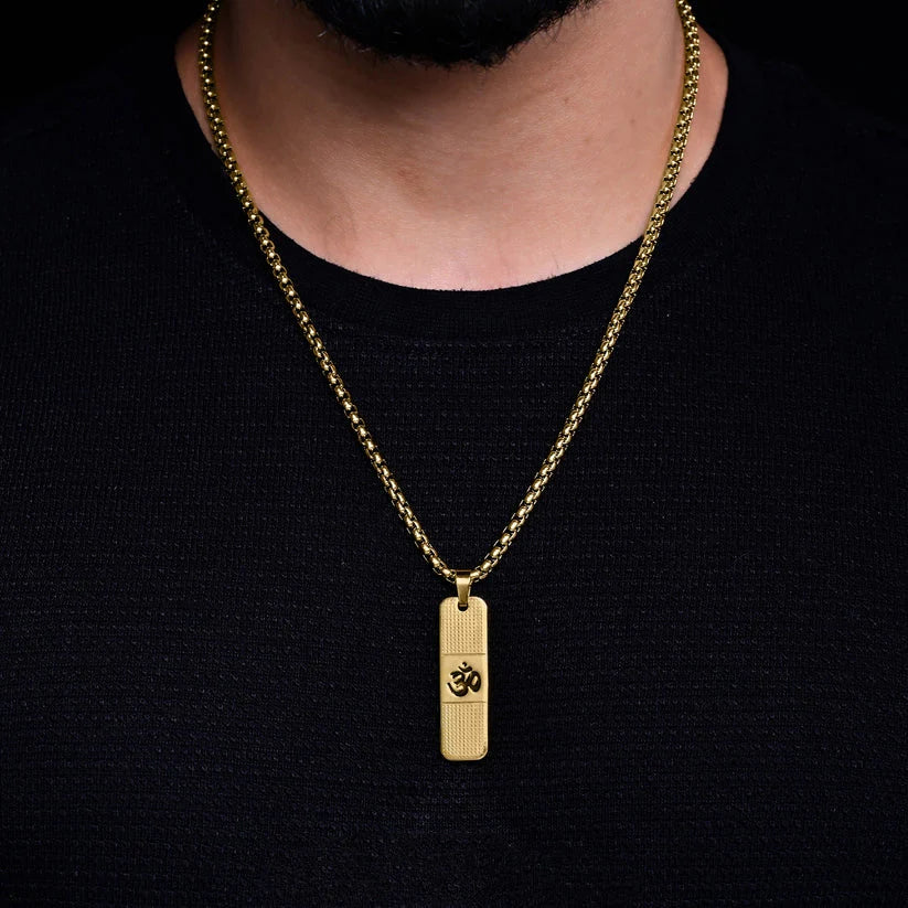 OM PENDANT WITH DOTTED PATTERN GOLD STAINLESS STEEL NECKLACE CHAIN FOR MEN (24 INCH)