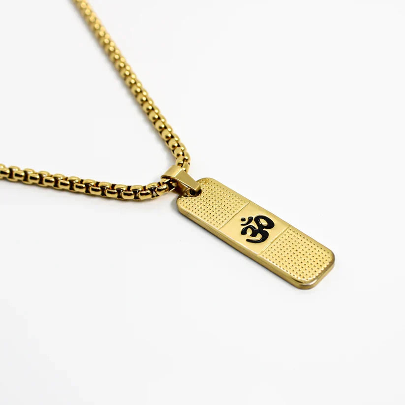 OM PENDANT WITH DOTTED PATTERN GOLD STAINLESS STEEL NECKLACE CHAIN FOR MEN (24 INCH)