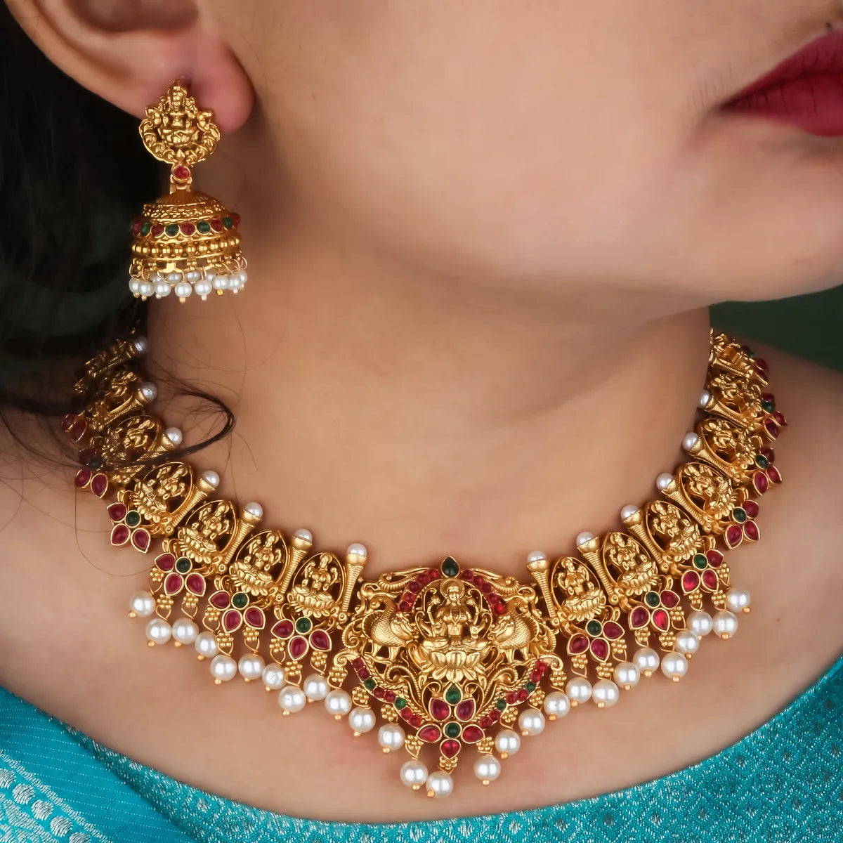 TRADITIONAL LAKSHMI TEMPLE NECKLACE SET WITH PEARL DROPS FOR BELLIZA JEWELS