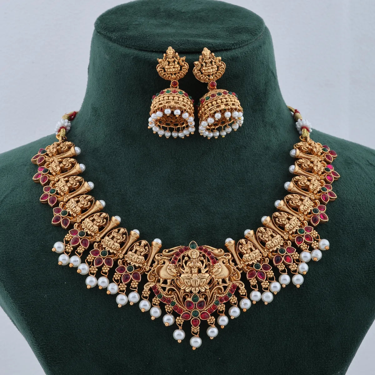 TRADITIONAL LAKSHMI TEMPLE NECKLACE SET WITH PEARL DROPS FOR BELLIZA JEWELS