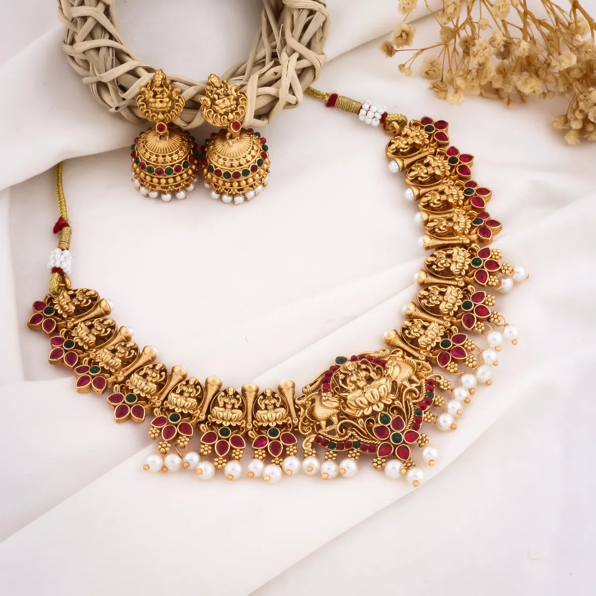 TRADITIONAL LAKSHMI TEMPLE NECKLACE SET WITH PEARL DROPS FOR BELLIZA JEWELS