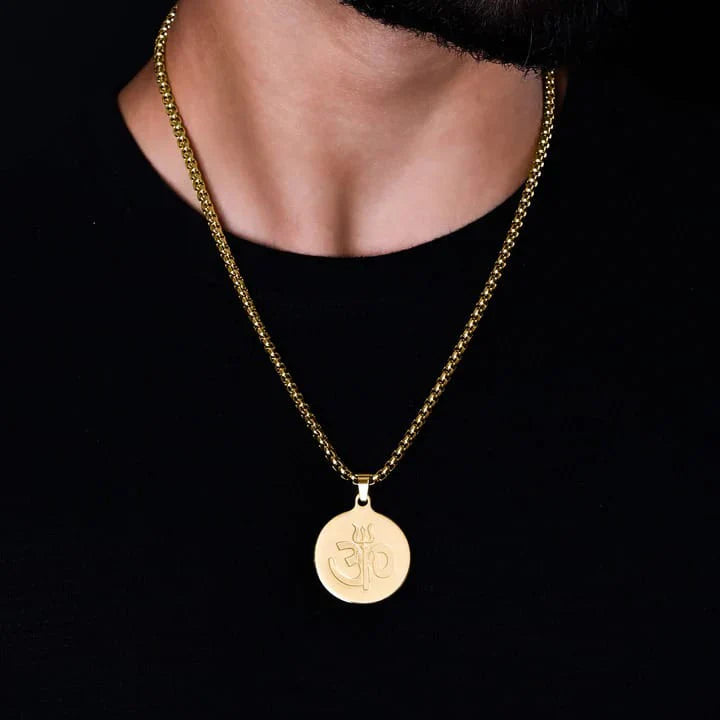 OM TRISHUL PENDANT GOLD STAINLESS STEEL NECKLACE CHAIN FOR MEN (24 INCH)