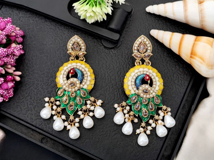 Designer Mehendi Polish Full Stone Clustered Pearl Party Wear Dark Yellow Earrings