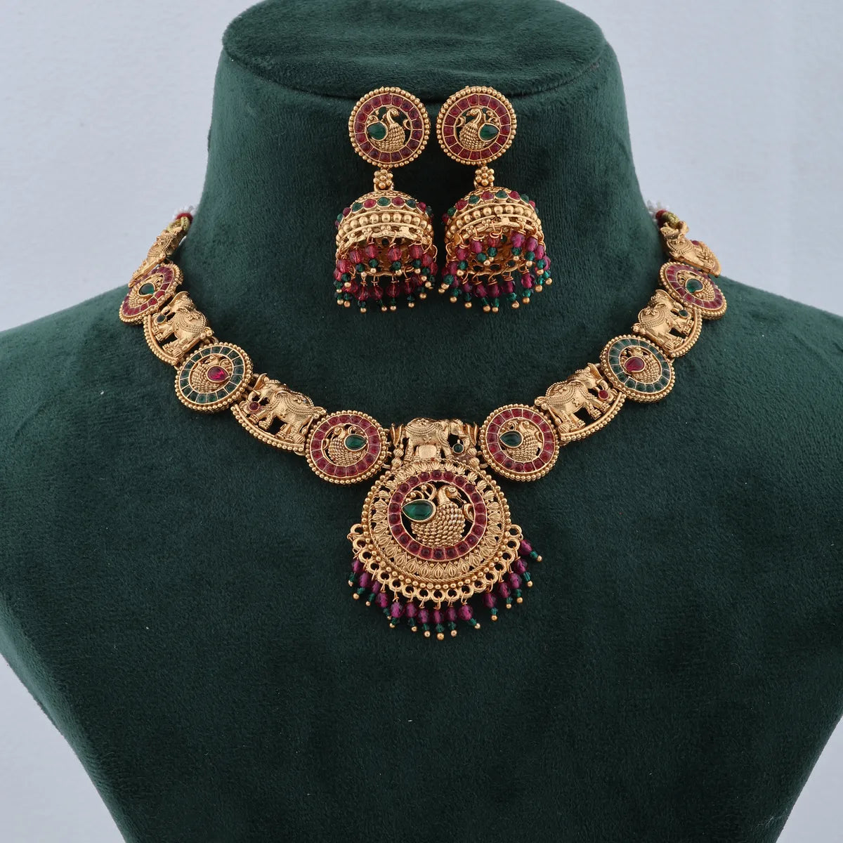 TRADITIONAL ELEPHANT MOTIF GOLD-PLATED NECKLACE SET WITH JHUMKA EARRINGS