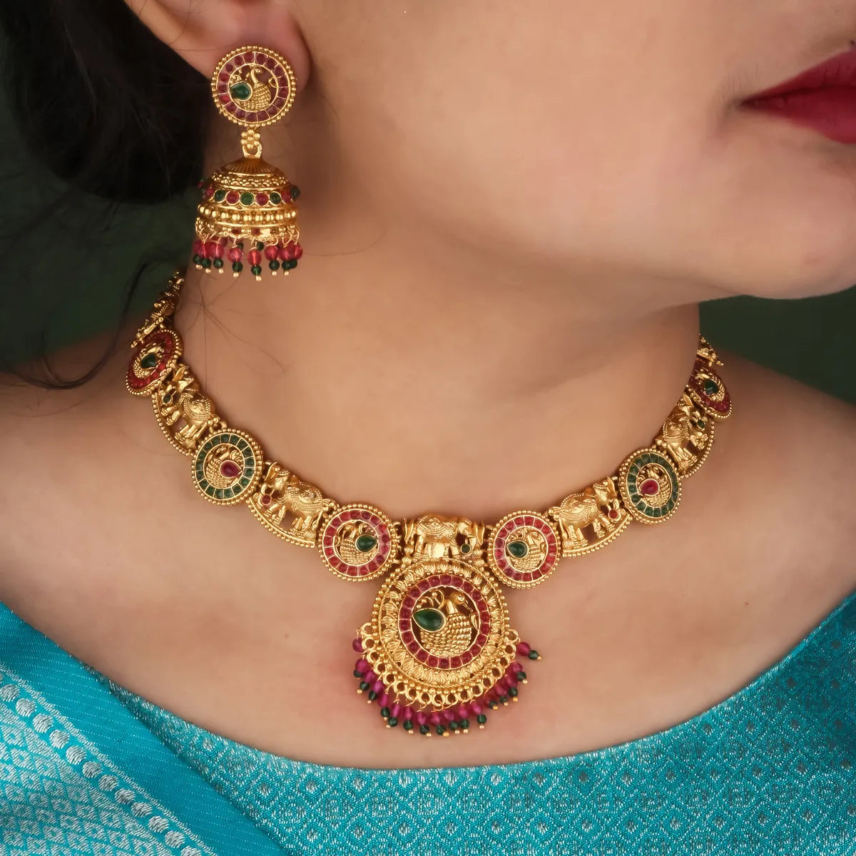 TRADITIONAL ELEPHANT MOTIF GOLD-PLATED NECKLACE SET WITH JHUMKA EARRINGS