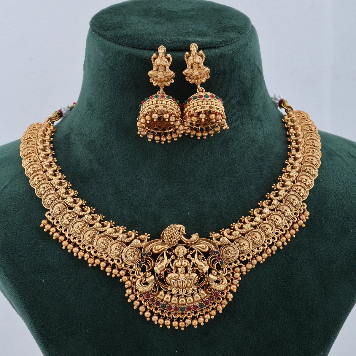 TRADITIONAL PEACOCK TEMPLE NECKLACE SET WITH ANTIQUE GOLD FINISH