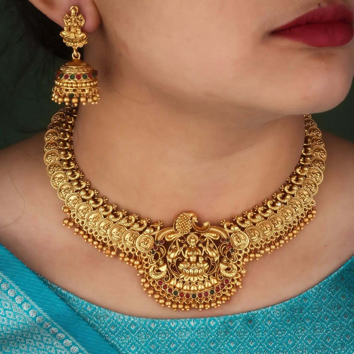 TRADITIONAL PEACOCK TEMPLE NECKLACE SET WITH ANTIQUE GOLD FINISH