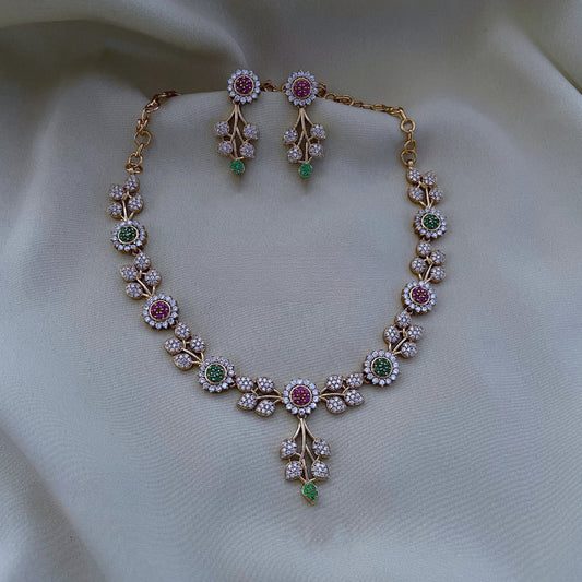 EXQUISITE GOLD-PLATED FLORAL NECKLACE SET WITH ZIRCON & COLORFUL STONES - BELLIZA JEWELS