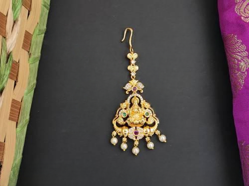 Designer Ruby Green Pearl Stone High Gold Polish Temple Maang Tikka
