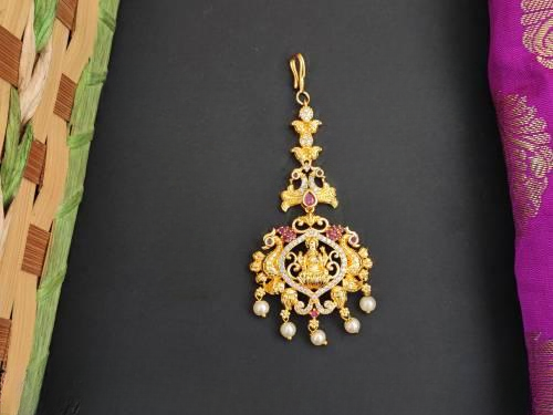 Temple Jewellery High Gold Polish Ruby Stone Fancy Style Maang Tikka