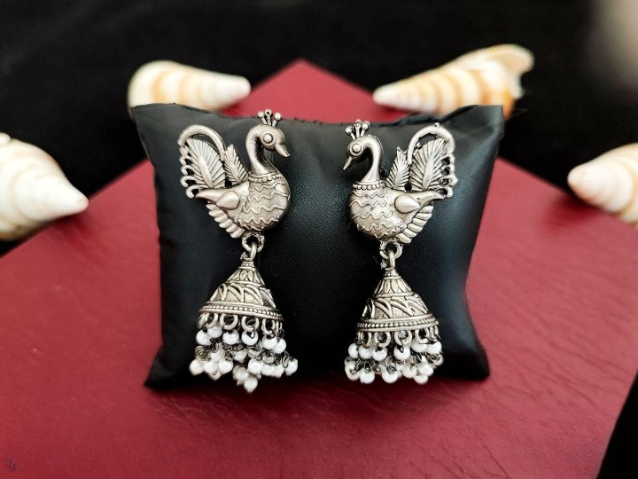 Fashion Stylish Peacock Design Oxidized Silver Polish fancy Long Jhumka Earring