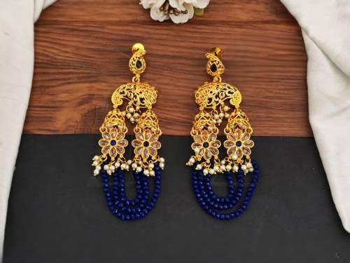 Clusterpearls High Gold Polish Flower Design Blue Antique Earrings