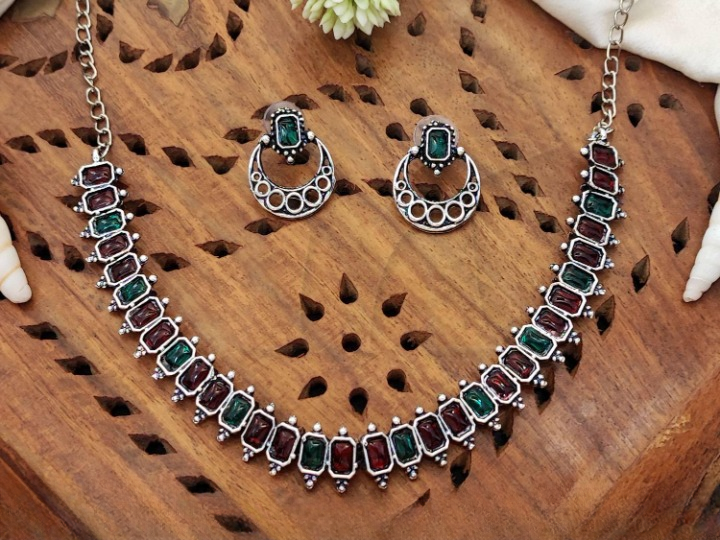 Oxidized Silver Full Stone Design Party Wear Necklace Set