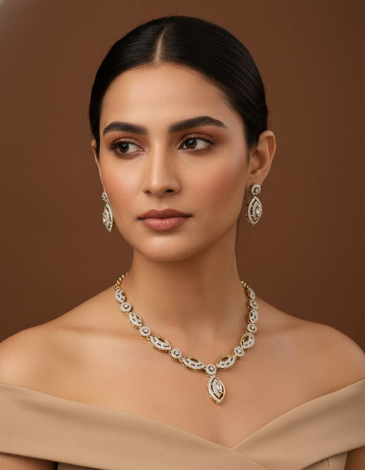 Gold and Diamond-Style Leaf Motif Necklace Set with Earrings