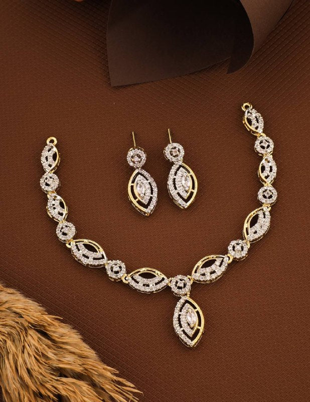Gold and Diamond-Style Leaf Motif Necklace Set with Earrings